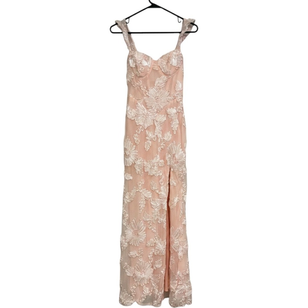 Pink Floral Embroidered Mesh Corset Gown Sleeveless Side Slit Maxi Dress